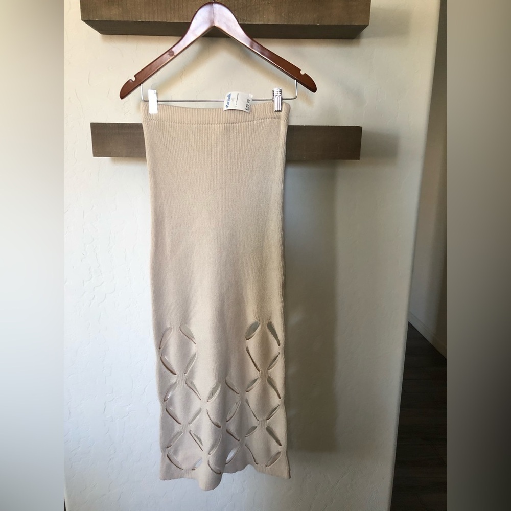 Sincerely Jules|Tan chunky knit midi maxi skirt with cutout details at bottom•